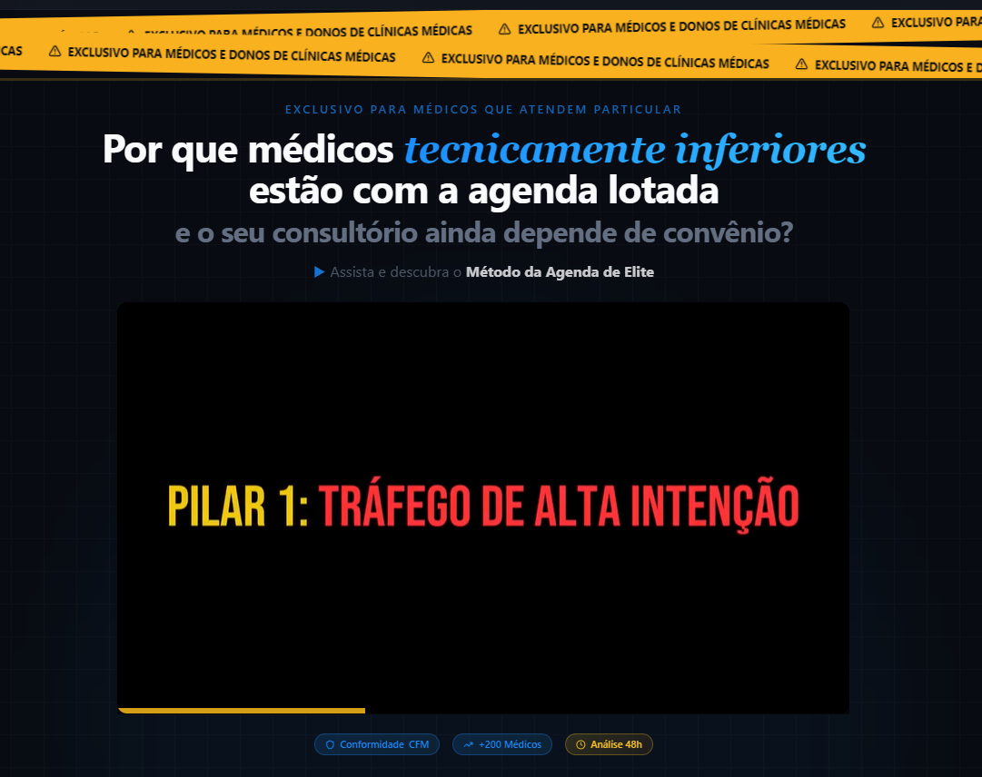 Player com barra de progresso amarela abaixo do vídeo, típica de VSL
