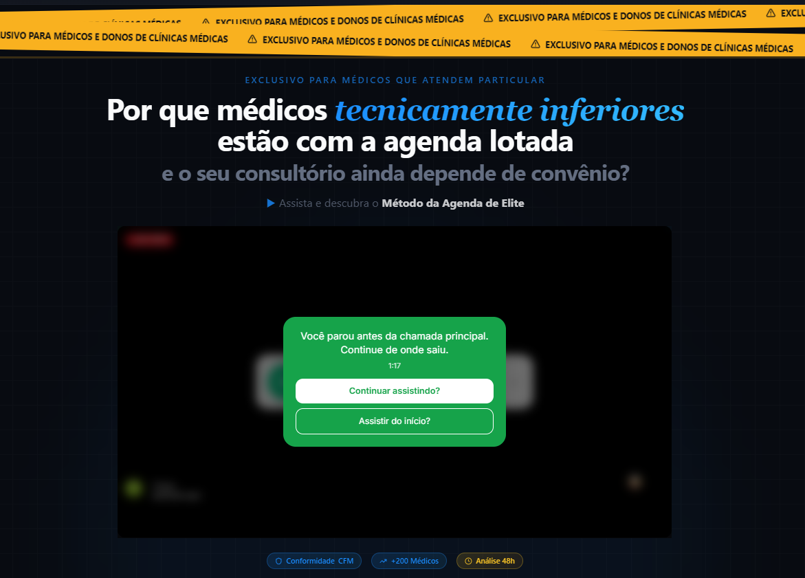 Card 'Continuar assistindo?' do Recovery Lab sobreposto ao player