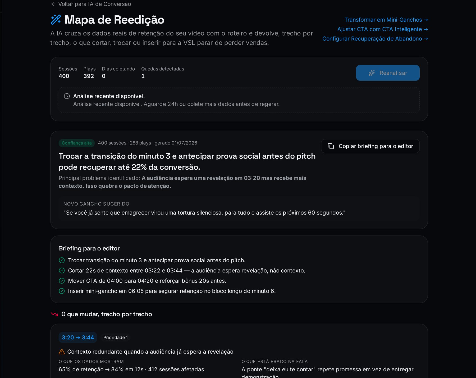 Mapa de reedição da VSL com marcações de cortes sugeridos pela IA
