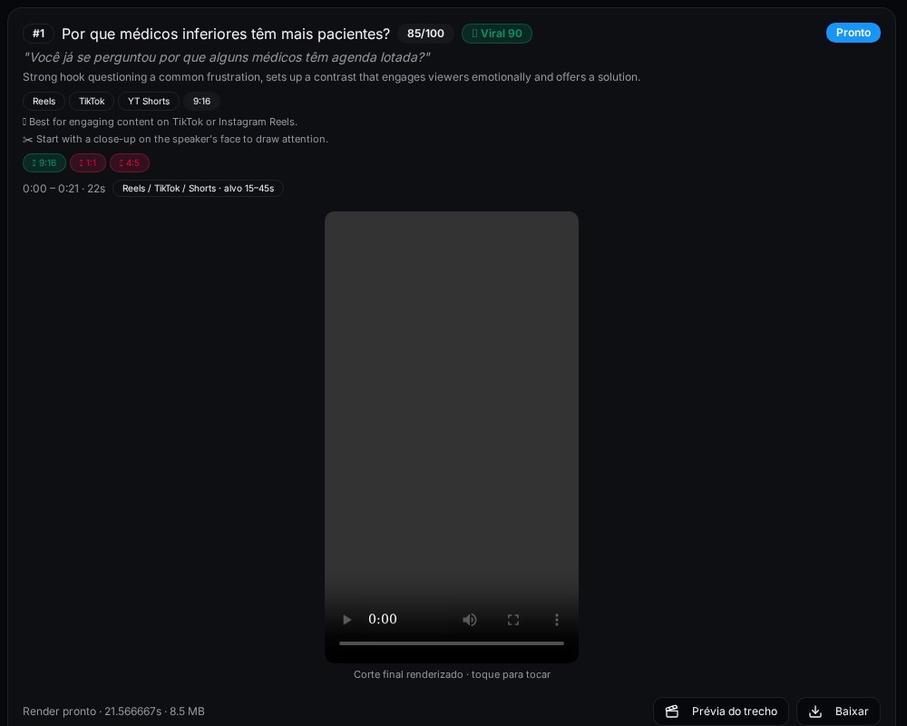 Cortes sugeridos pela IA com Viral Score, plataformas e formatos 9:16, 1:1 e 4:5